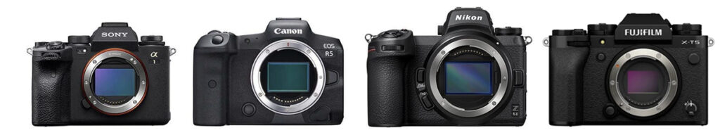 A range of cameras from different manufacturers.